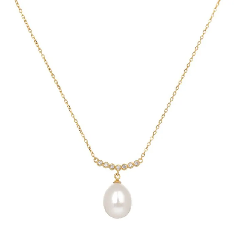 Gold Crescent Pearl Drop Necklace